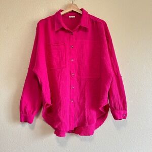 Jodifl Shirt Size L Hot Pink Cotton Double Gauze Button Boho Patch Distressed